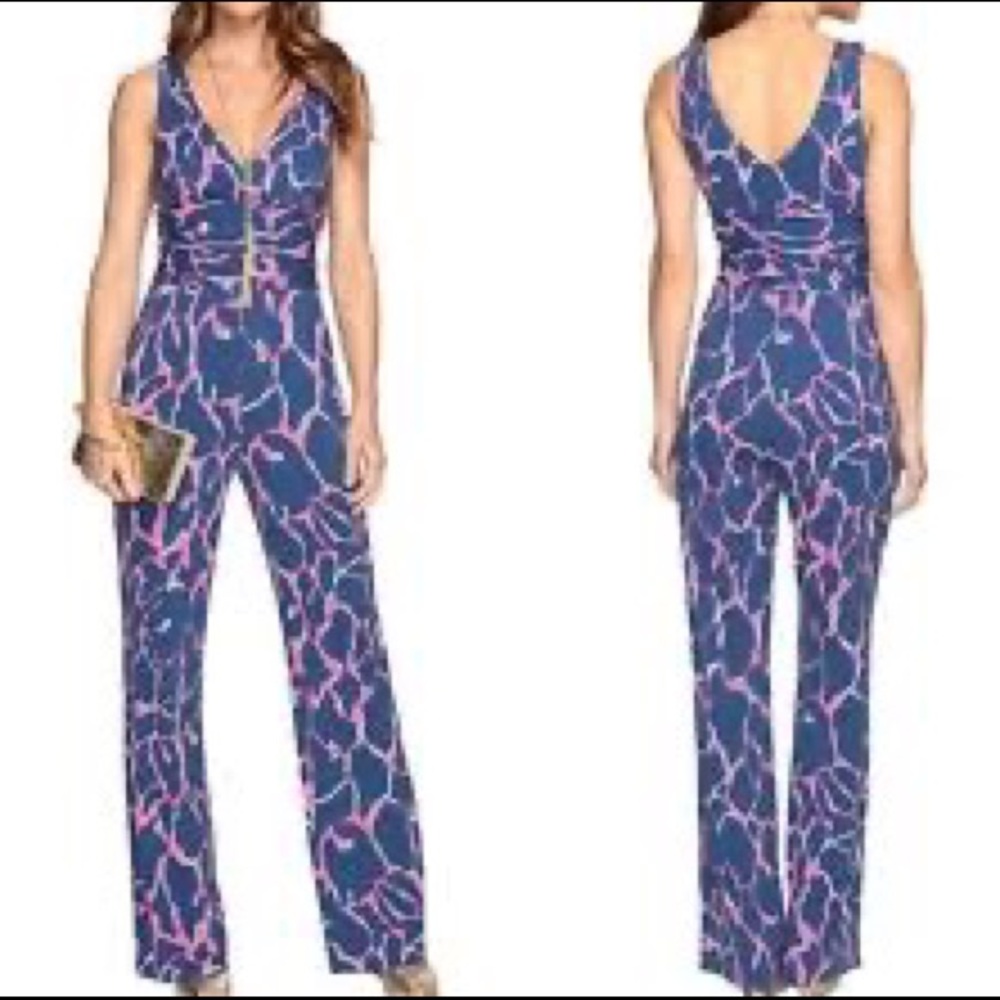 Lilly Pulitzer Sloane V Neck Jumpsuit | Pink and Blue Empire Waist w/ Stretch